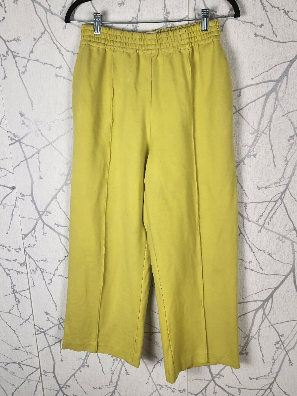 Roucha Yellow Ponte Knit Pintuck Pull On Wide Leg Crop Pants